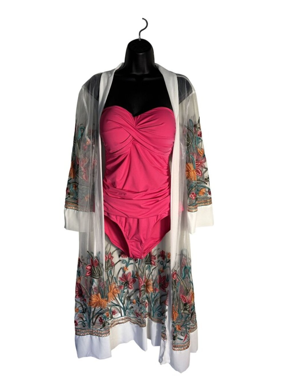 Floral Embroidered Sheer Kimono Cover-Up With White Hem & 3/4 Sleeves - XL